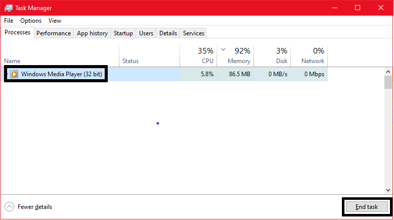 windows media player server execution failed- End task manager