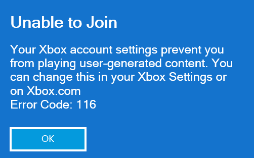 roblox error code 116 unable to join on xbox one app