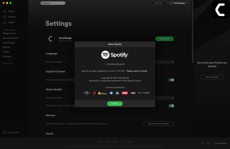 update spotify to remove error Spotify can't play current song