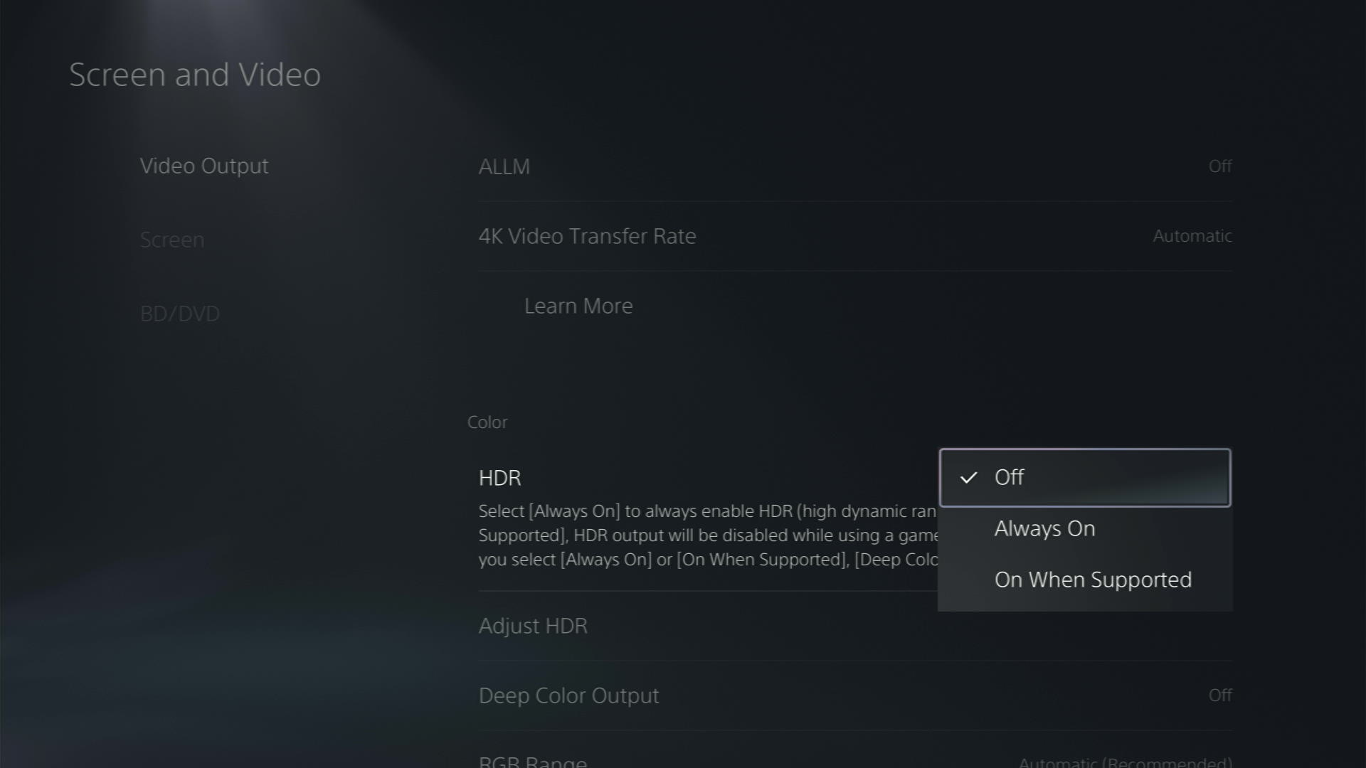 disable HDR PS5