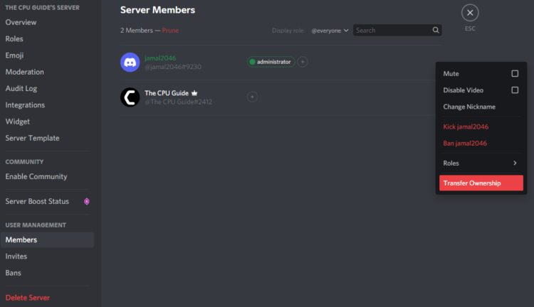 how to leave server on discord transfer ownership