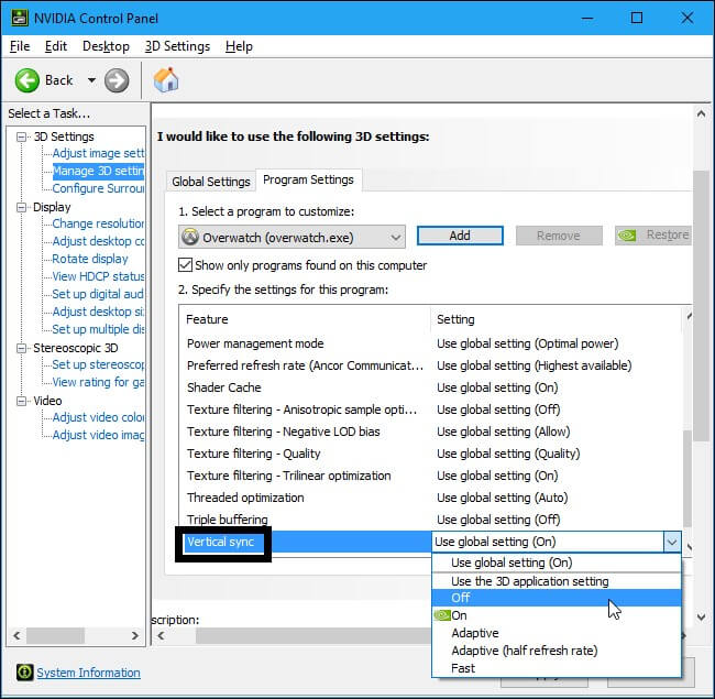 Disable V-Sync in NVIDIA