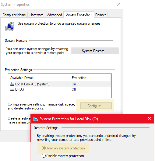 mmc exe turn on system protection in creating a restore point windows 10