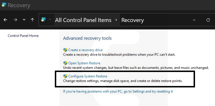 Configure system restore  Windows 11 Startup Repair