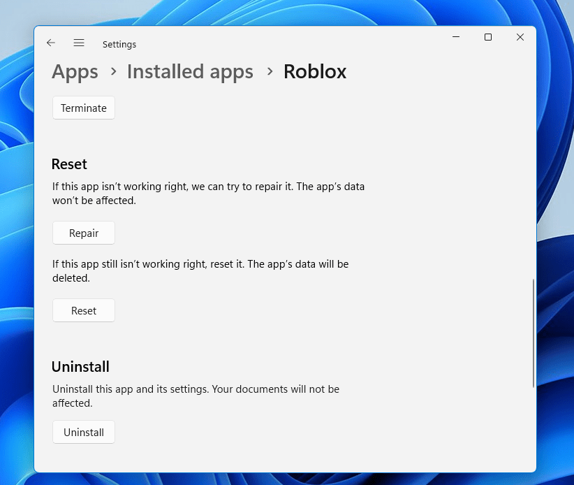 Repair/Reset Roblox on Windows 11