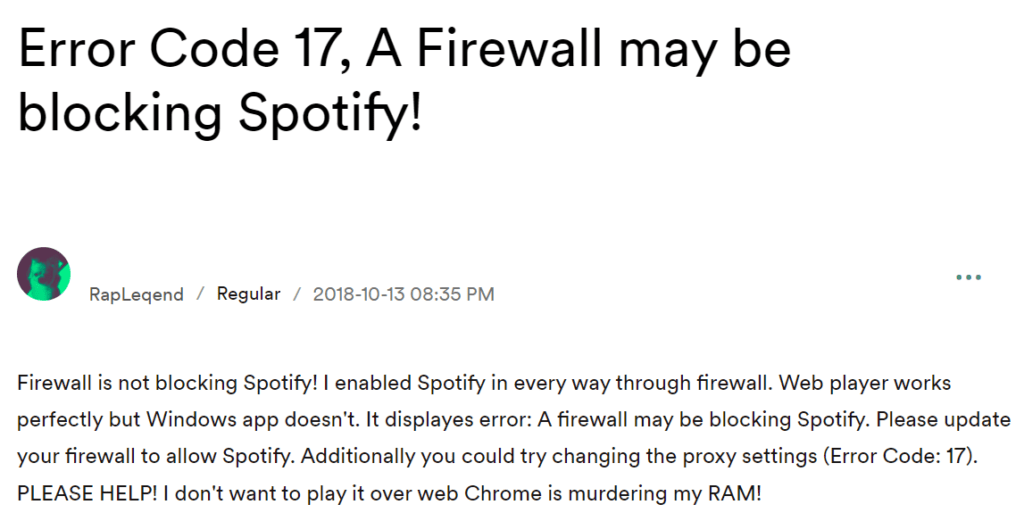 Spotify Error 17 on PC? A Firewall may be blocking Spotify