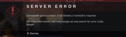 Destiny 2 Beagle Error PS5 "Unreadable Content"
