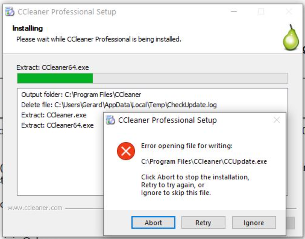 ccleaner download says error opening file for writing