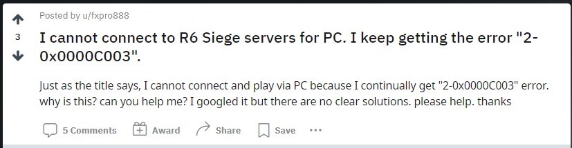 rainbow six siege error code 2 0x0000c003 socail