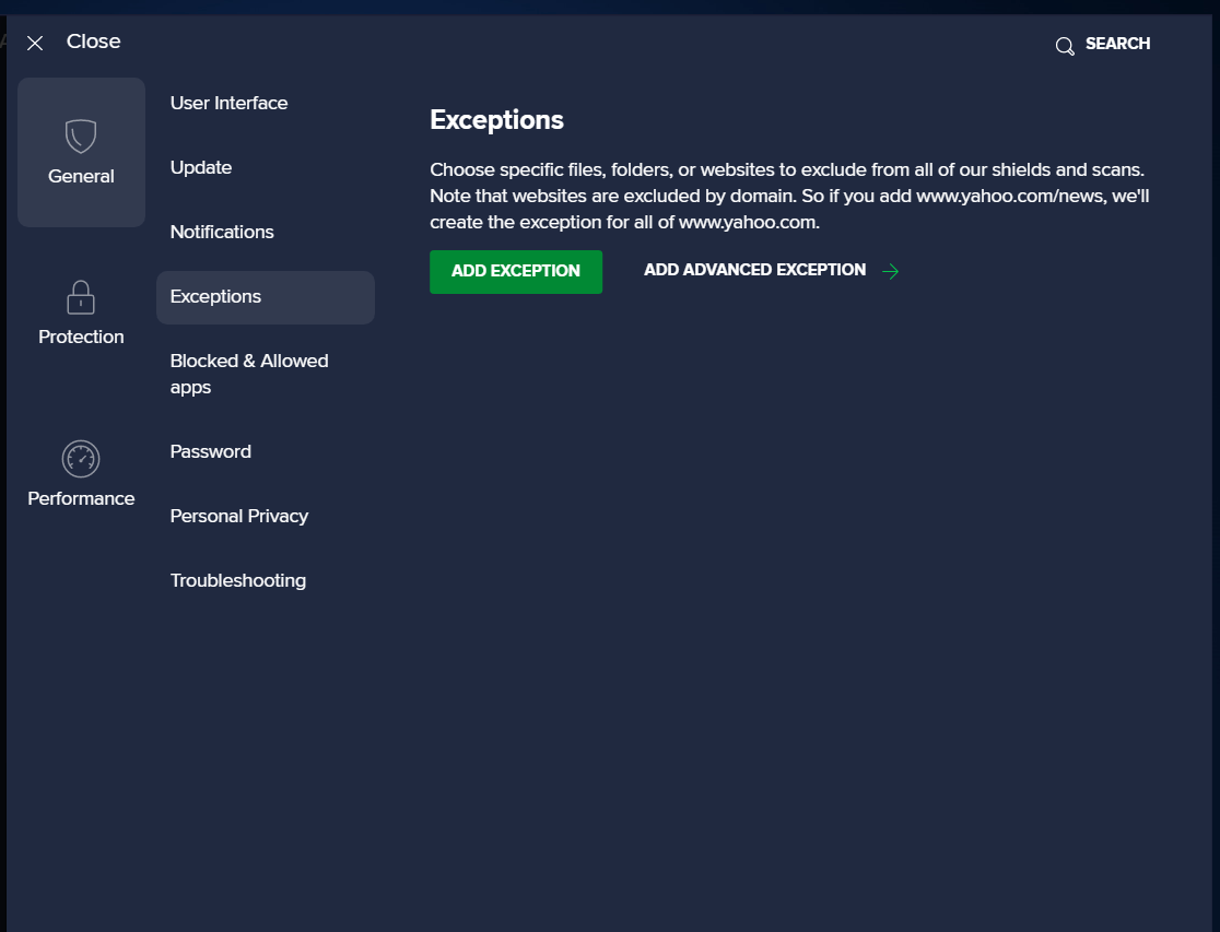 add exception on avast