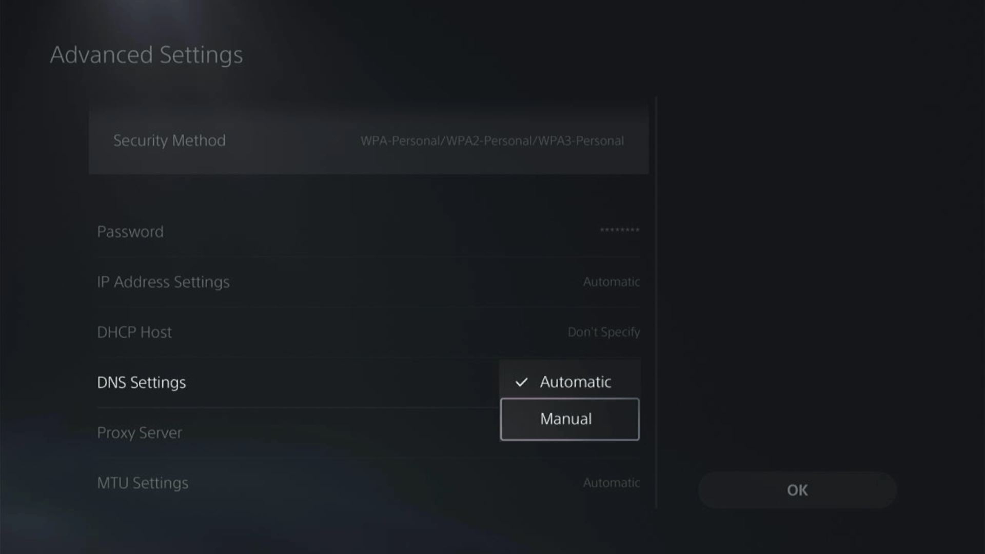 dns settings of a network on ps5 to change it to manual from automatic