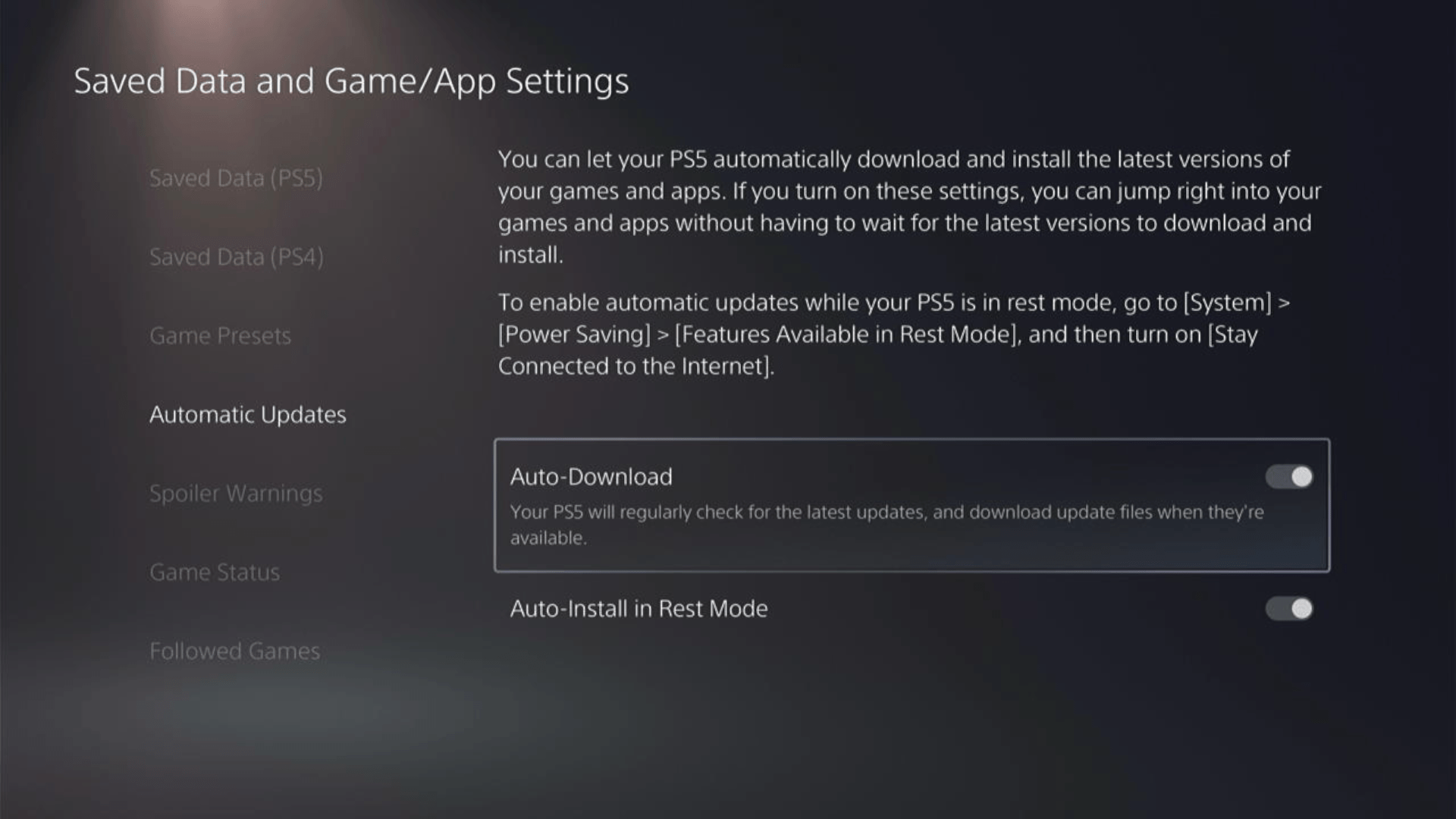 In the Saved Data and Game/App Settings window, select Automatic Updates from the left sidebar to enable automatic game updates to avoid Network Error 2147811328
