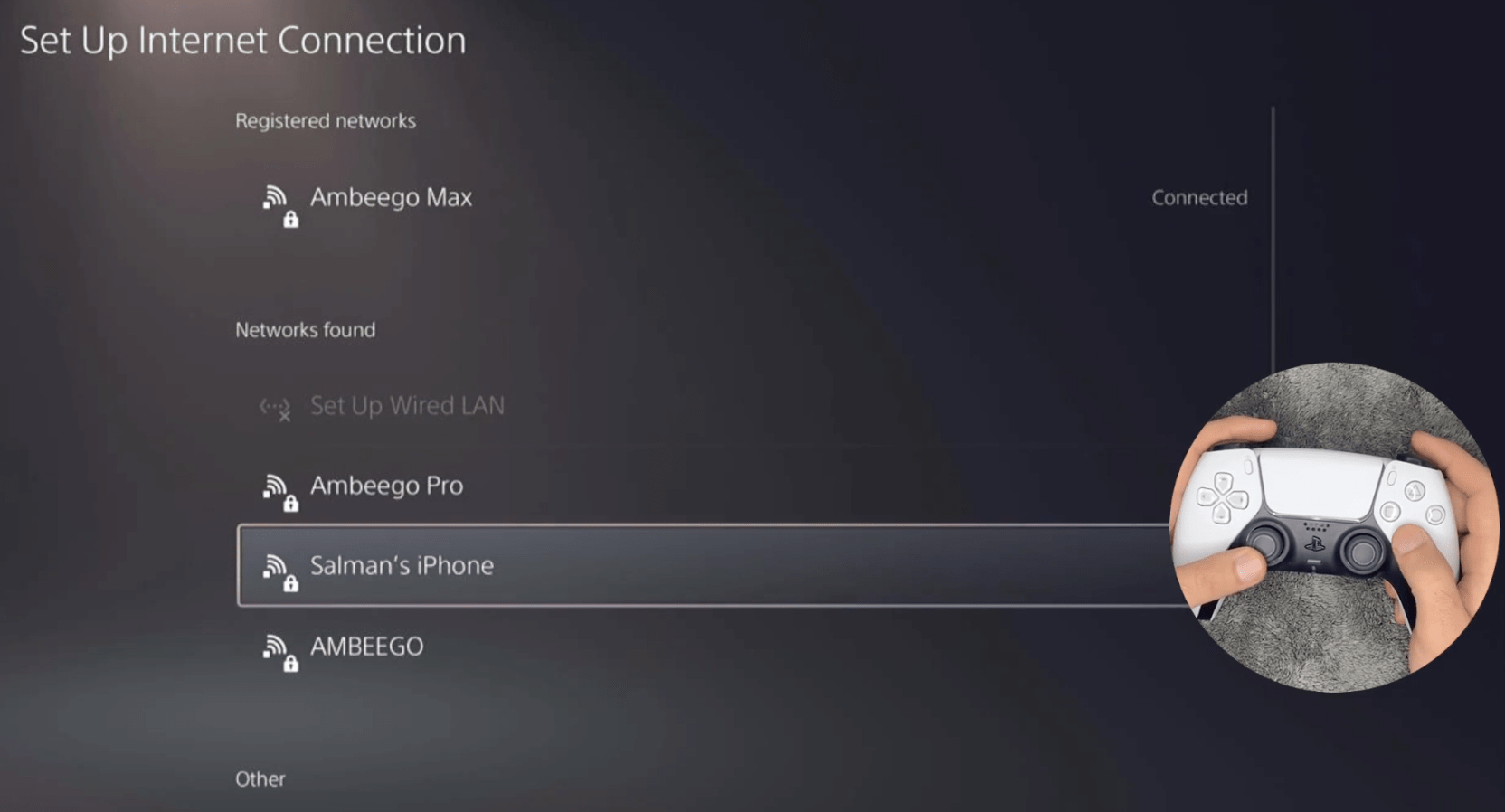 ps5 available list with a selected wifi that is not yet connected