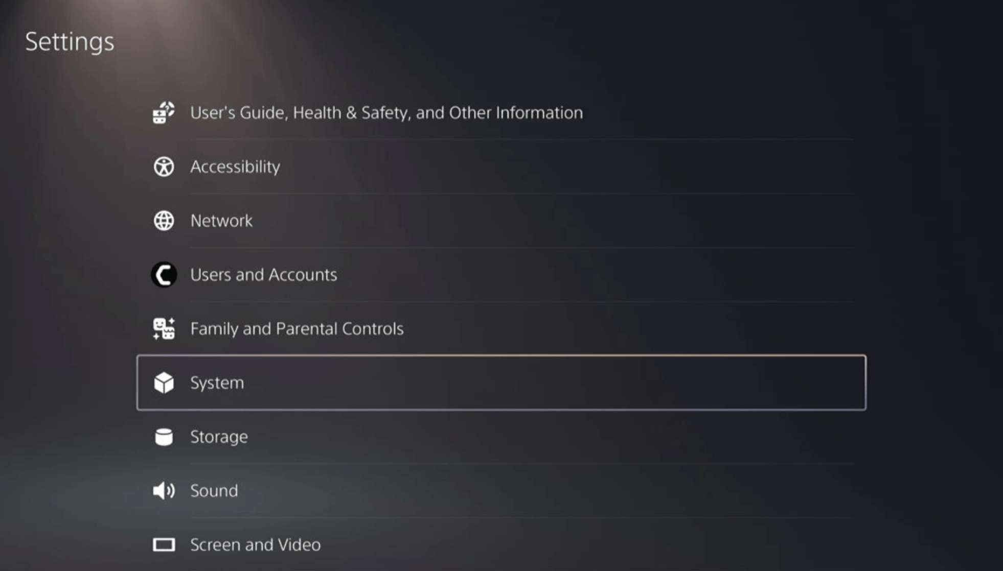 System in PS5 Settings menu