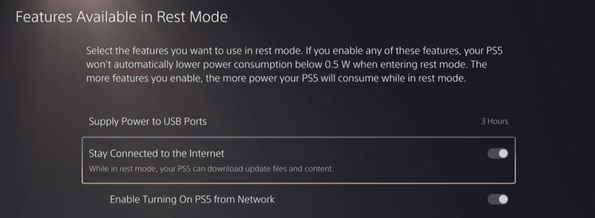 Stay Connected to the Internet is toggled in PS5 rest mode settings menu to enable automatic updates of Tower of Fantasy