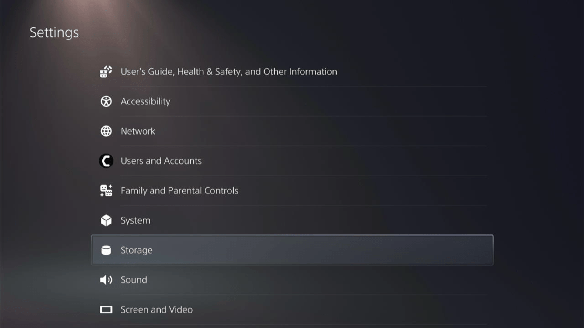 PS5 storage in settings menu
