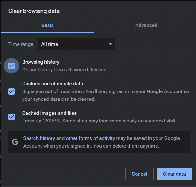 Clear Browsing data on Google Chrome