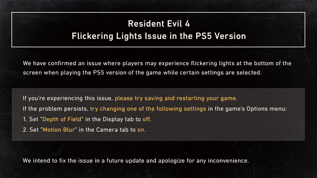 Resident Evil 4 Remake Flickering Lights Issue on PS5 social post 