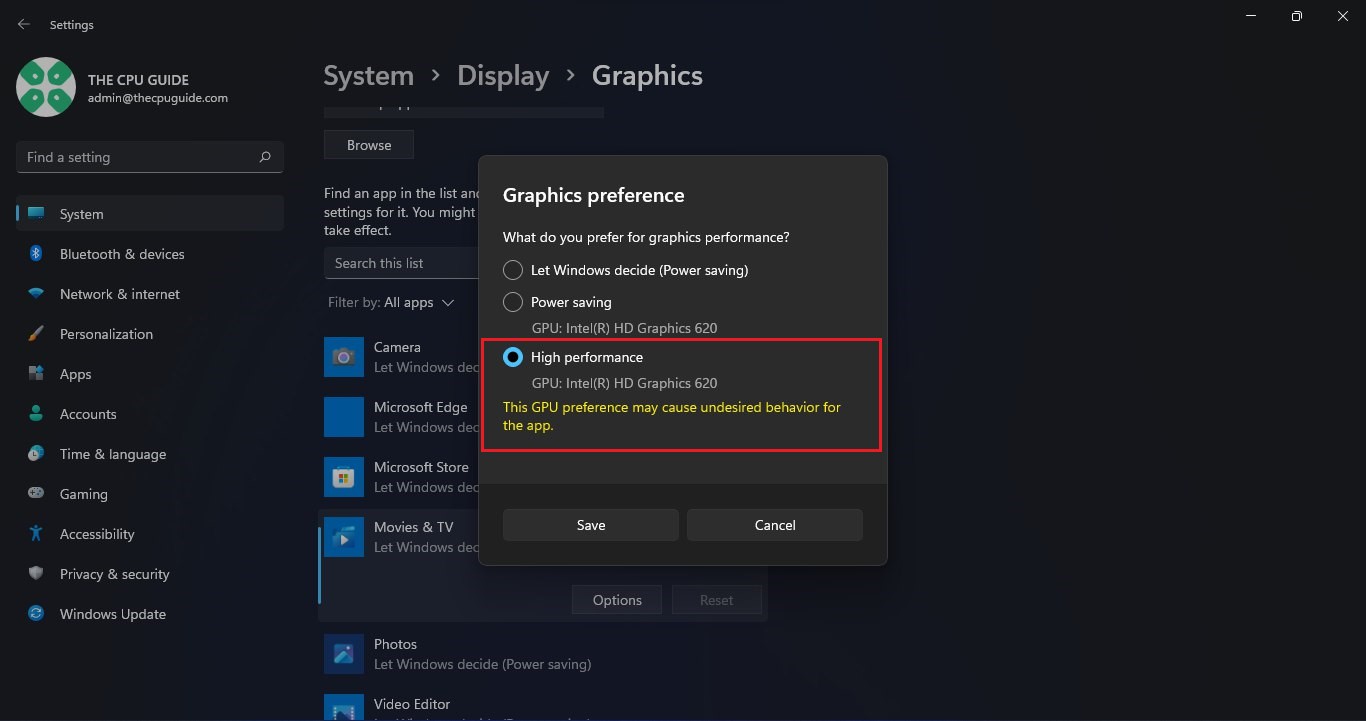 Graphic High performance option on windows 11