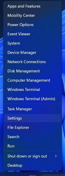 Settings from Windows button in Windows 11