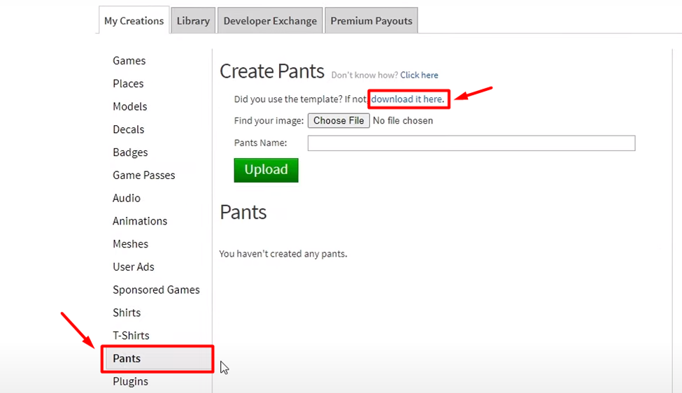 Downloading Pants Template for Roblox