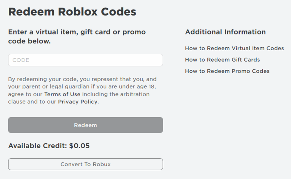 Roblox Redeem Code Page