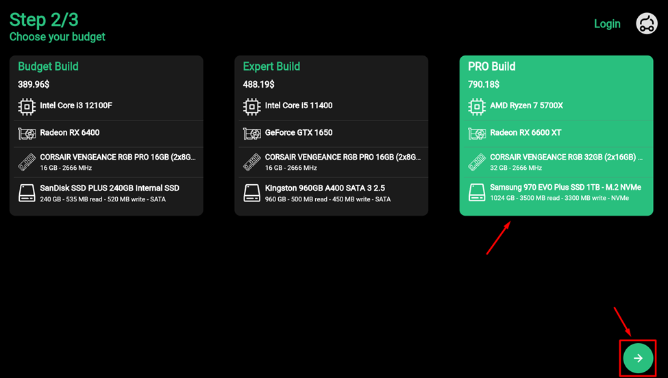 Selecting Build from the online PC Builder