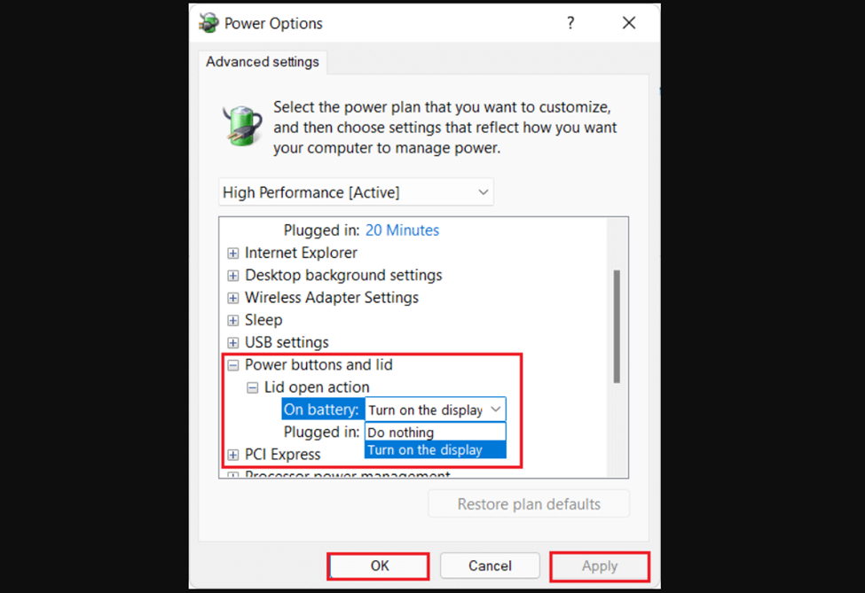 Changing Lid Closing Action in Advance Power Settings