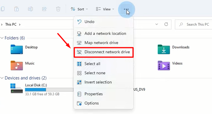 Selecting Disconnect Network Drive from Windows This PC