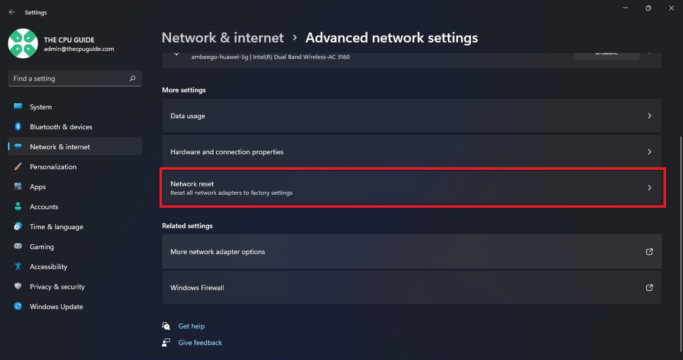 Network Reset on windows 11