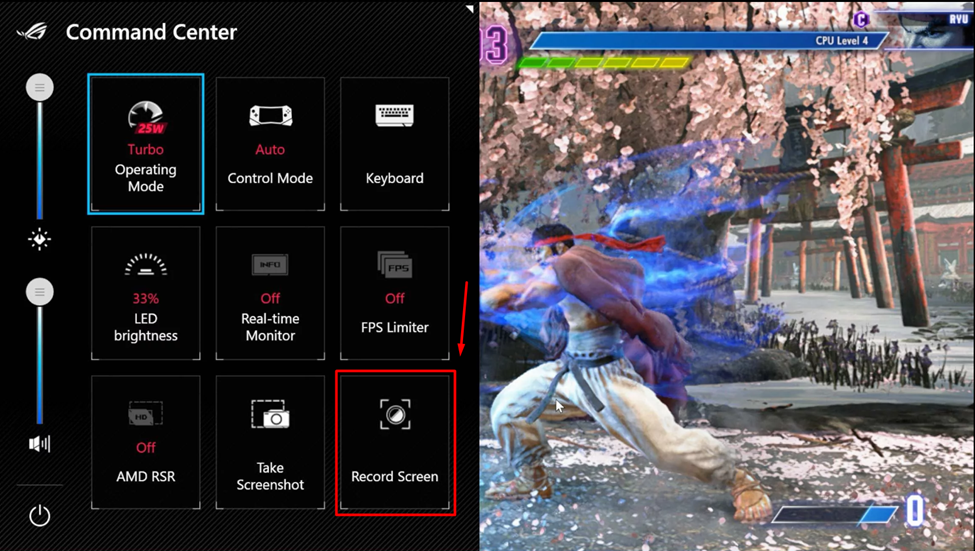 Selecting Record Screen to capture gameplay on Asus ROG Ally