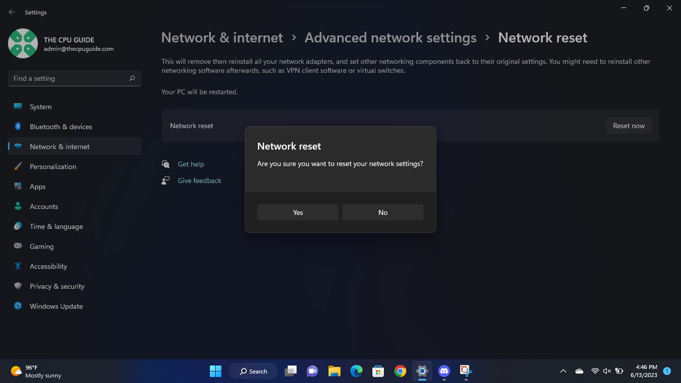 prompt to reset network settings on Windows 11