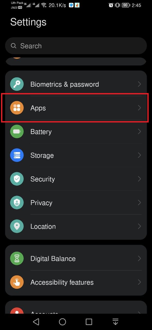 Apps setting options
