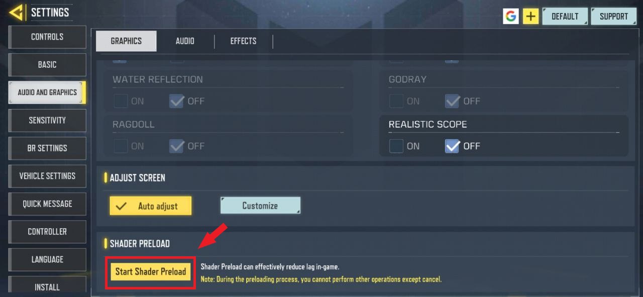 COD Mobile Start Shader Preload button