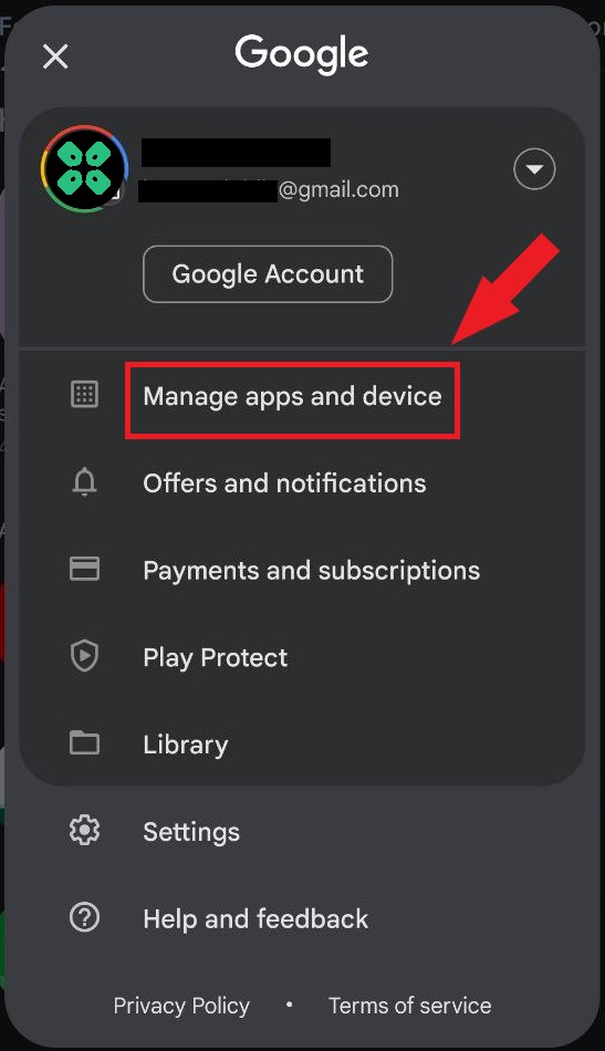 Manage apps and device option playstore