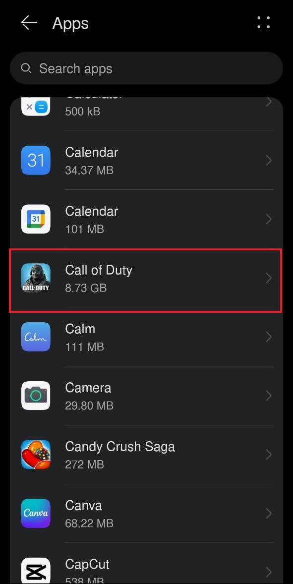 call of duty mobile in apps settings