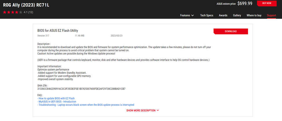 Downloading BIOS 317 for Asus ROG Ally