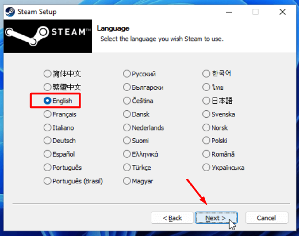 Selecting Language on Steam to Start Download