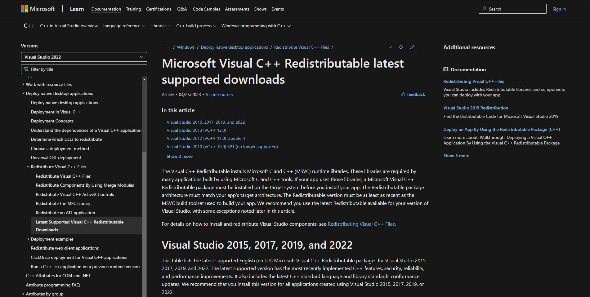 microsoft Visual c++ Redistributables downlaod page