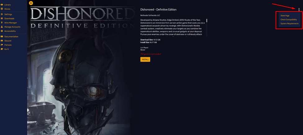 Downloading Dishonored on Heroic Games Launcher