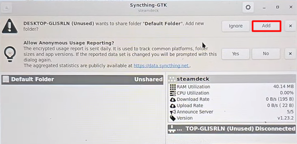 Adding Device to Syncthing on Steam Deck