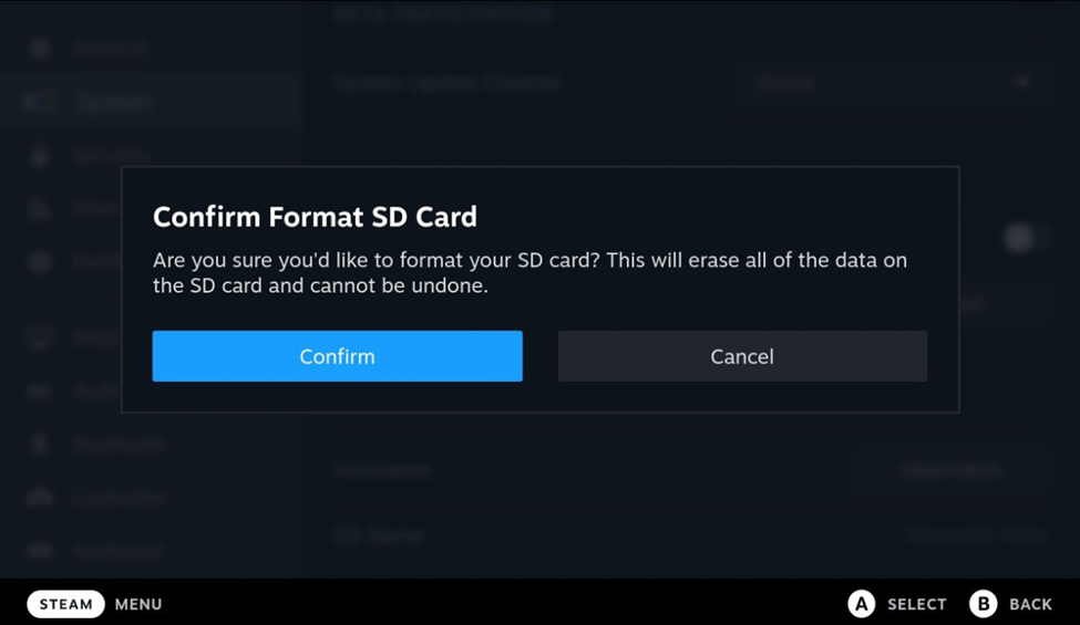 Confirming SD Card Formatting in Steam Deck