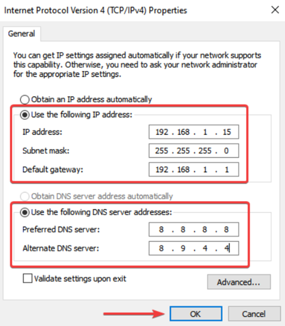 Changing DNS and IP Address to Fix Ethernet does not have a valid IP configuration error on Windows 11