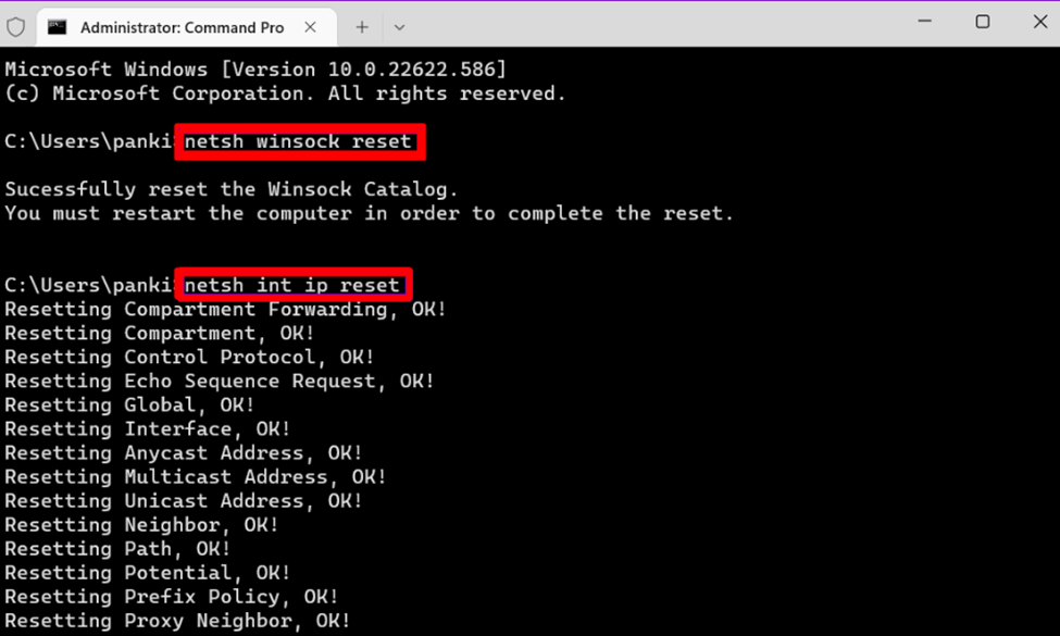 Resetting TCP IP on Windows 11