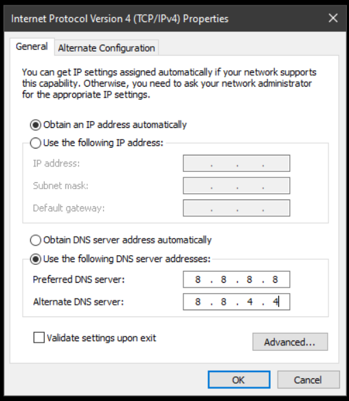 Changing Internet Properties DNS