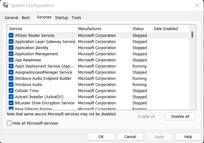 System Configuration Service tab