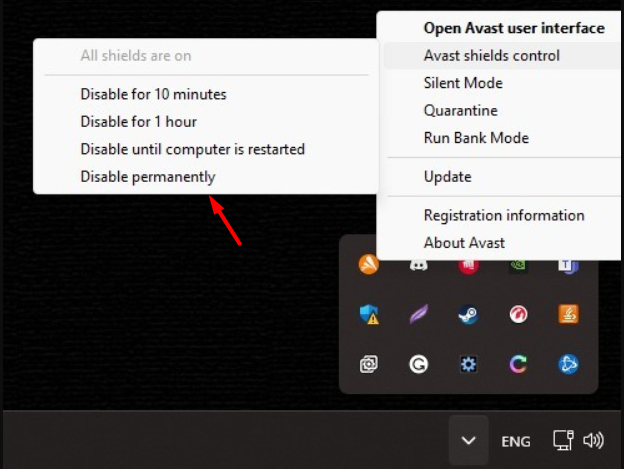 Disabling Avast Antivirus on Windows 11