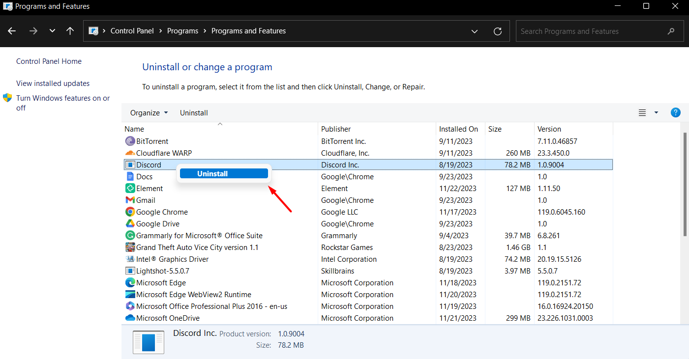 Uninstalling Discord from Control Panel Windows 11