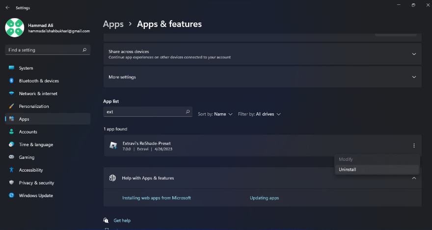 Apps & Features Settings Windows 11