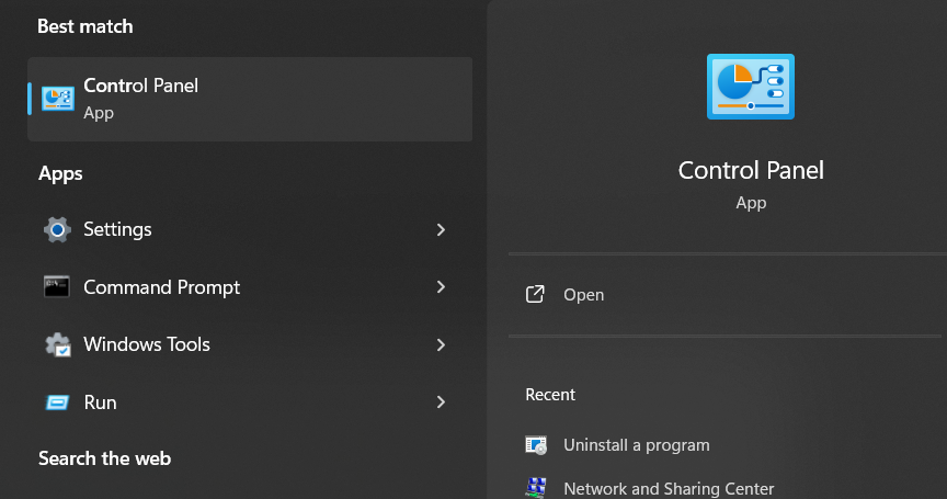 Searching Control Panel in Start Menu